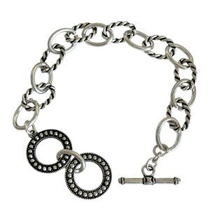 Rolo Curb Link Chain Bracelet with Toggle Clasp Silver Plated Vintage Stock 7-8"